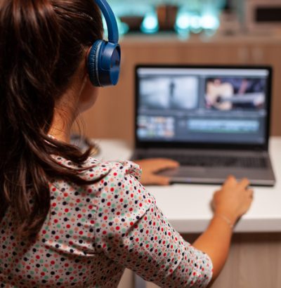 Content creator working in home during night time .